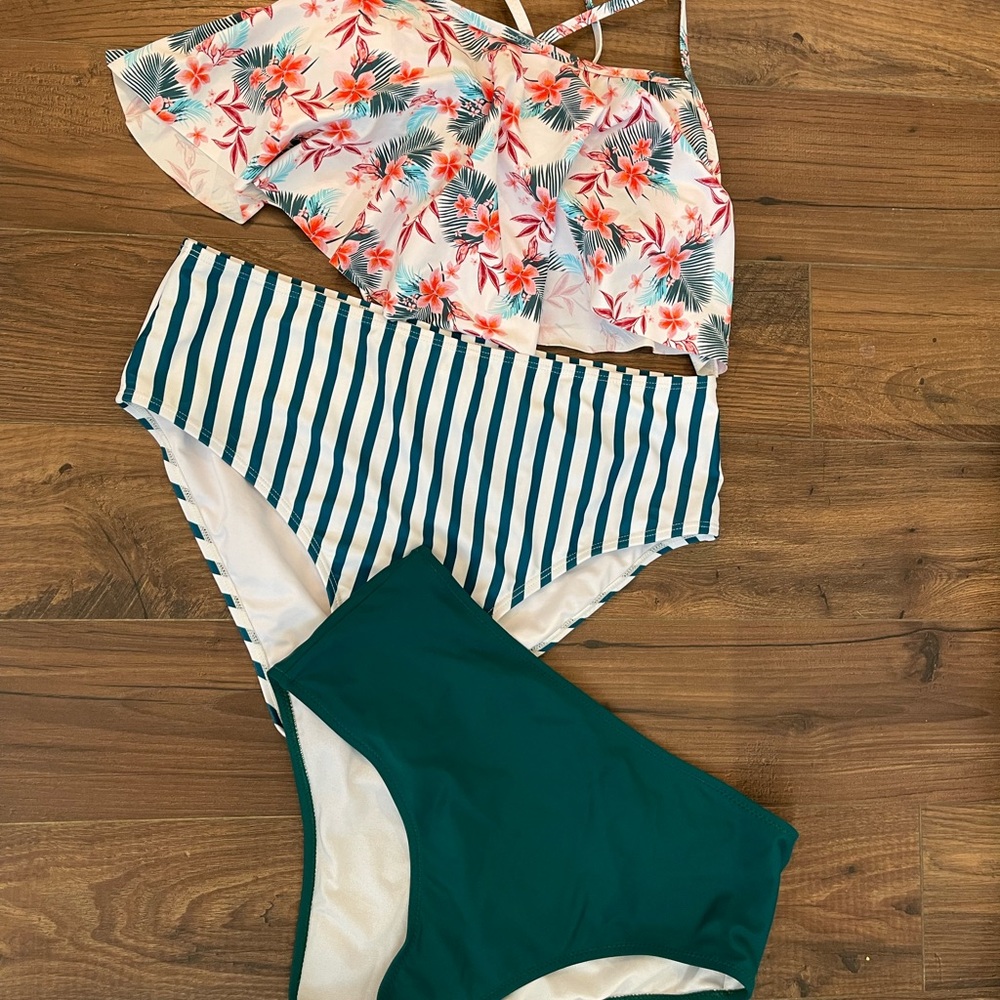 Amazon Women Swim Two-Piece Bikini Set in Teal, White, Coral Floral